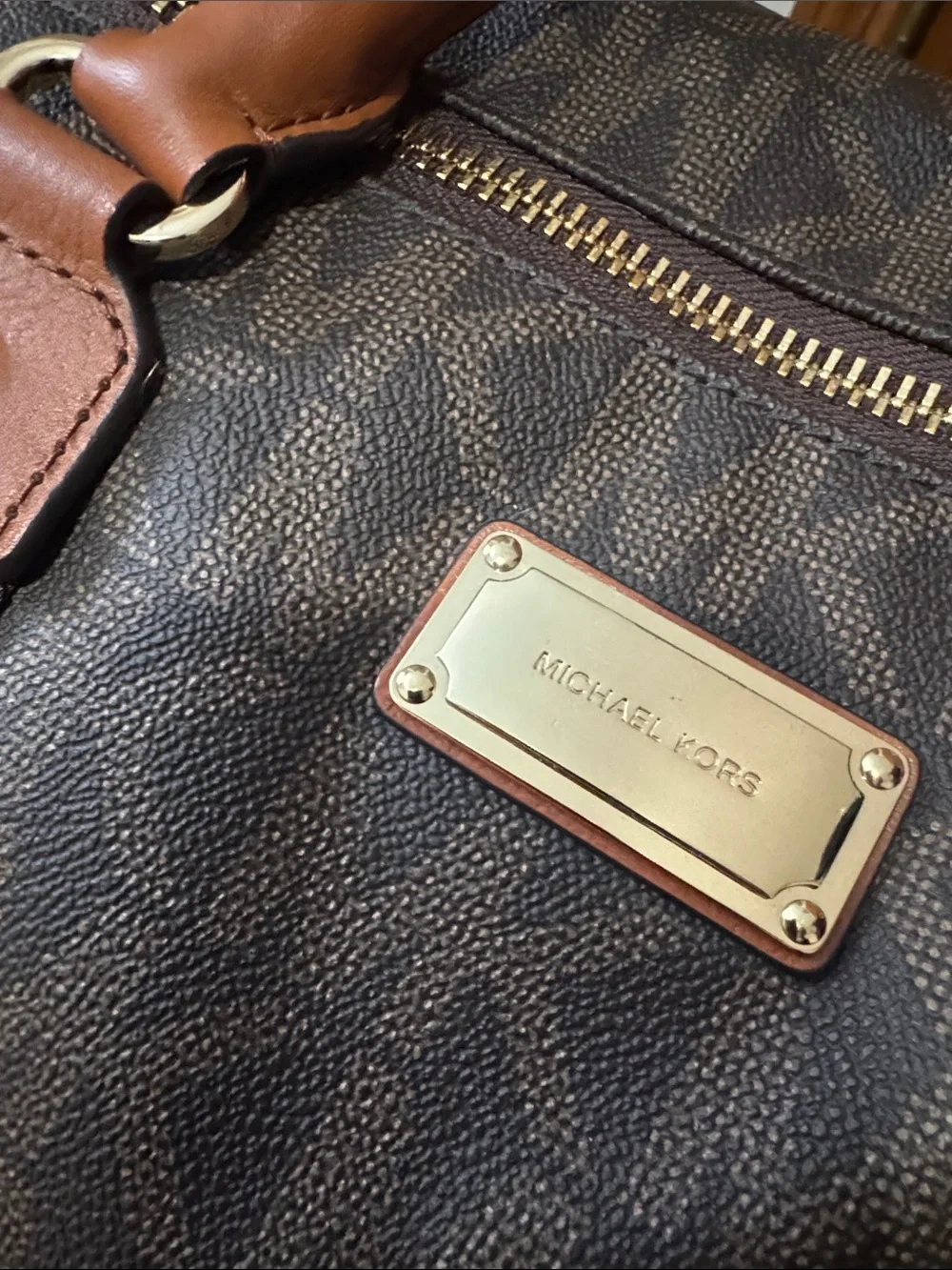 Michael Kors Brown Monogram Travel Duffel Bag with Tan Handles